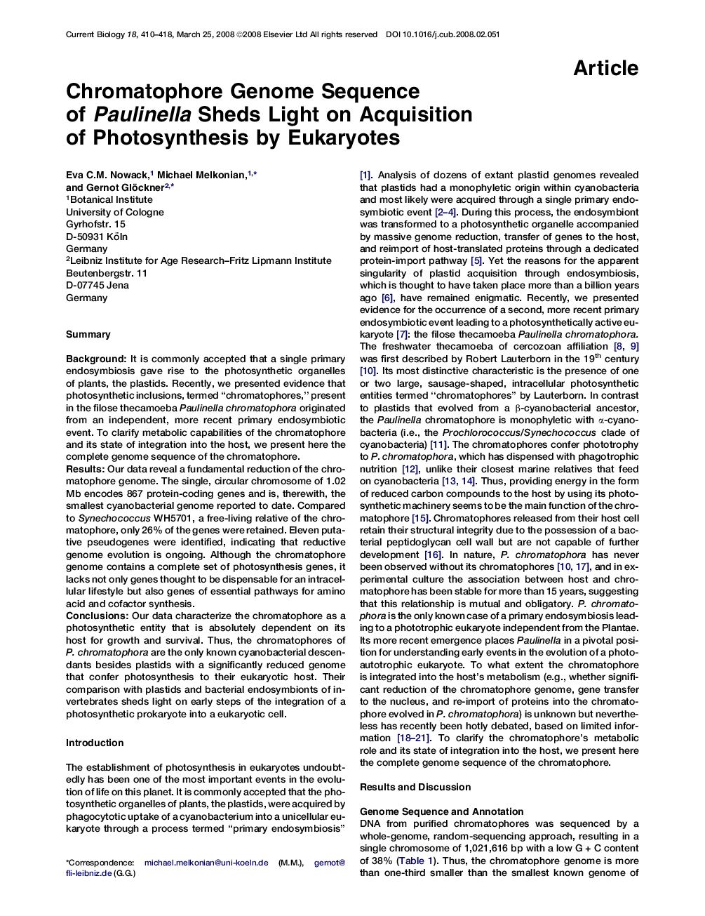 Chromatophore Genome Sequence of Paulinella Sheds Light on Acquisition of Photosynthesis by Eukaryotes