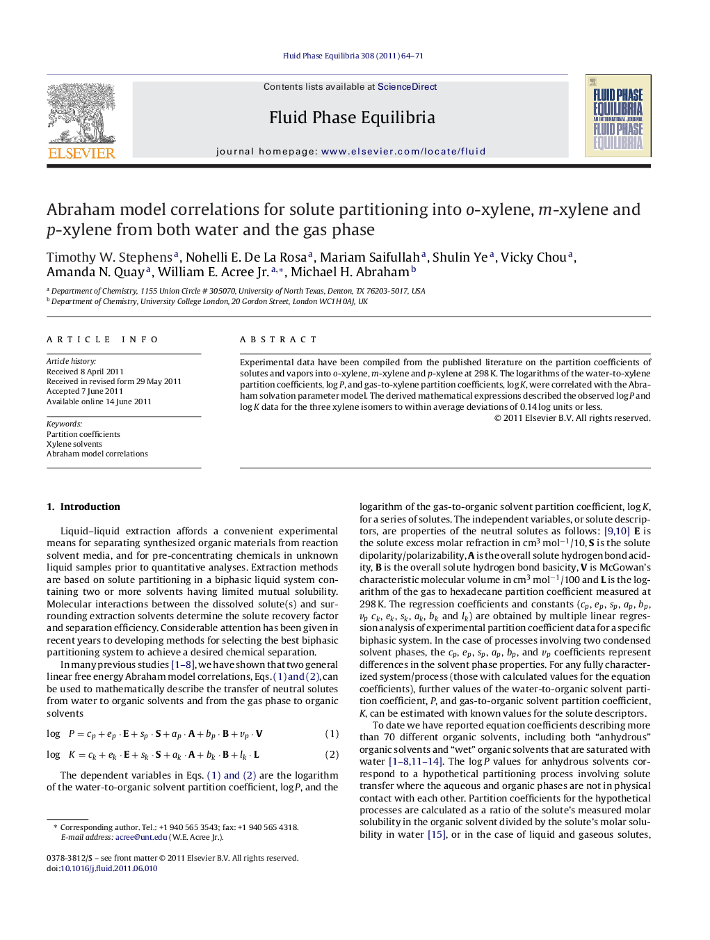 Abraham model correlations for solute partitioning into o-xylene, m-xylene and p-xylene from both water and the gas phase