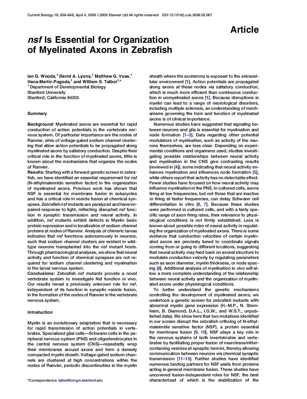 nsf Is Essential for Organization of Myelinated Axons in Zebrafish