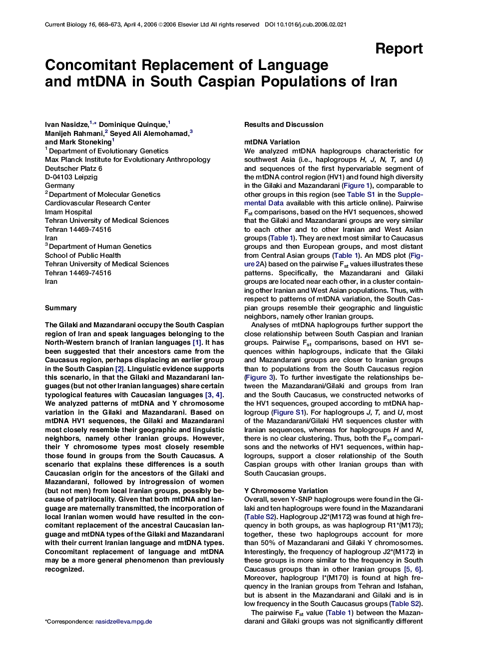 Concomitant Replacement of Language and mtDNA in South Caspian Populations of Iran