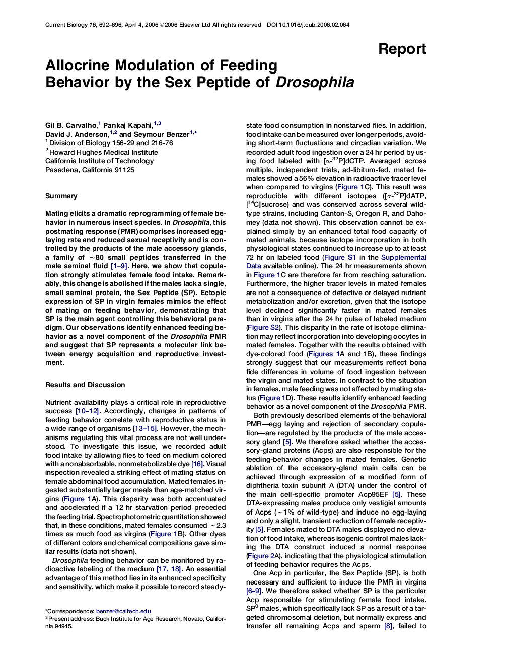 Allocrine Modulation of Feeding Behavior by the Sex Peptide of Drosophila