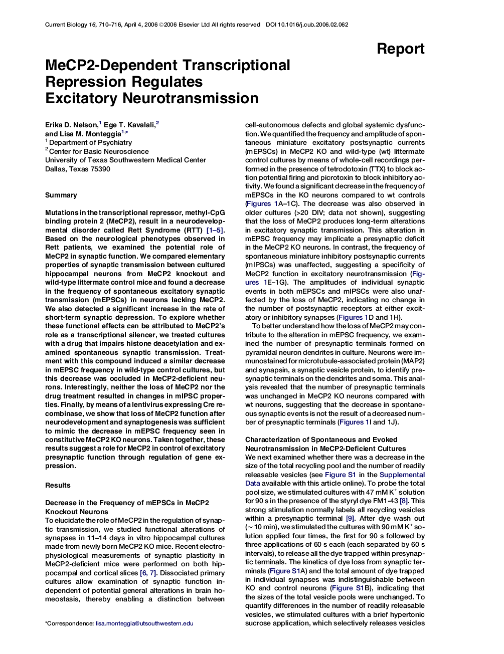 MeCP2-Dependent Transcriptional Repression Regulates Excitatory Neurotransmission
