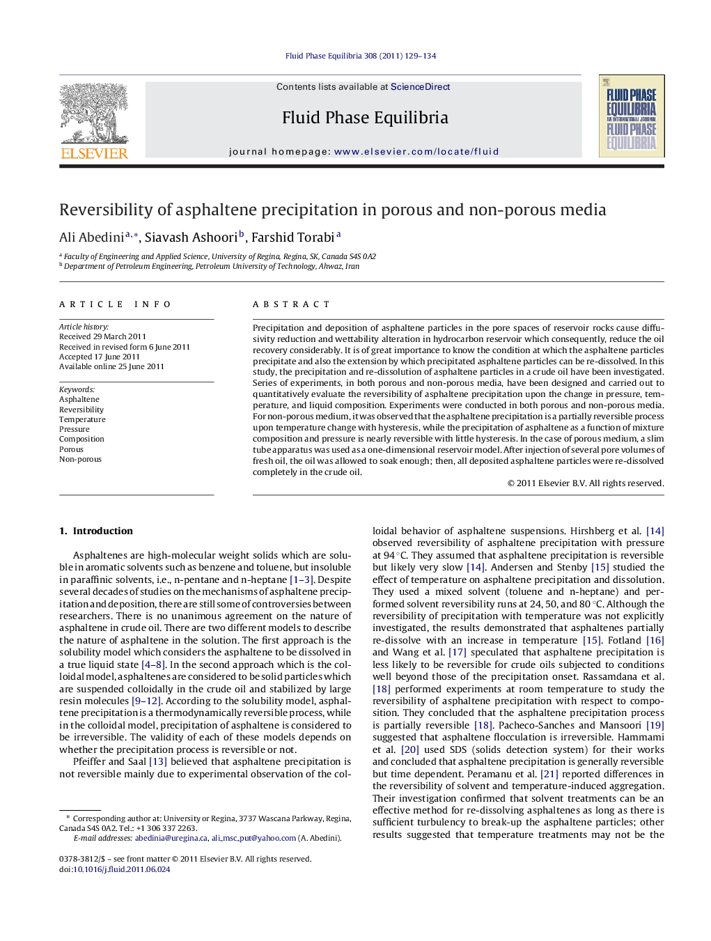 عکس صفحه اول مقاله: Reversibility of asphaltene precipitation in porous and non-porous media Reversibility of asphaltene precipitation in porous and non-porous media