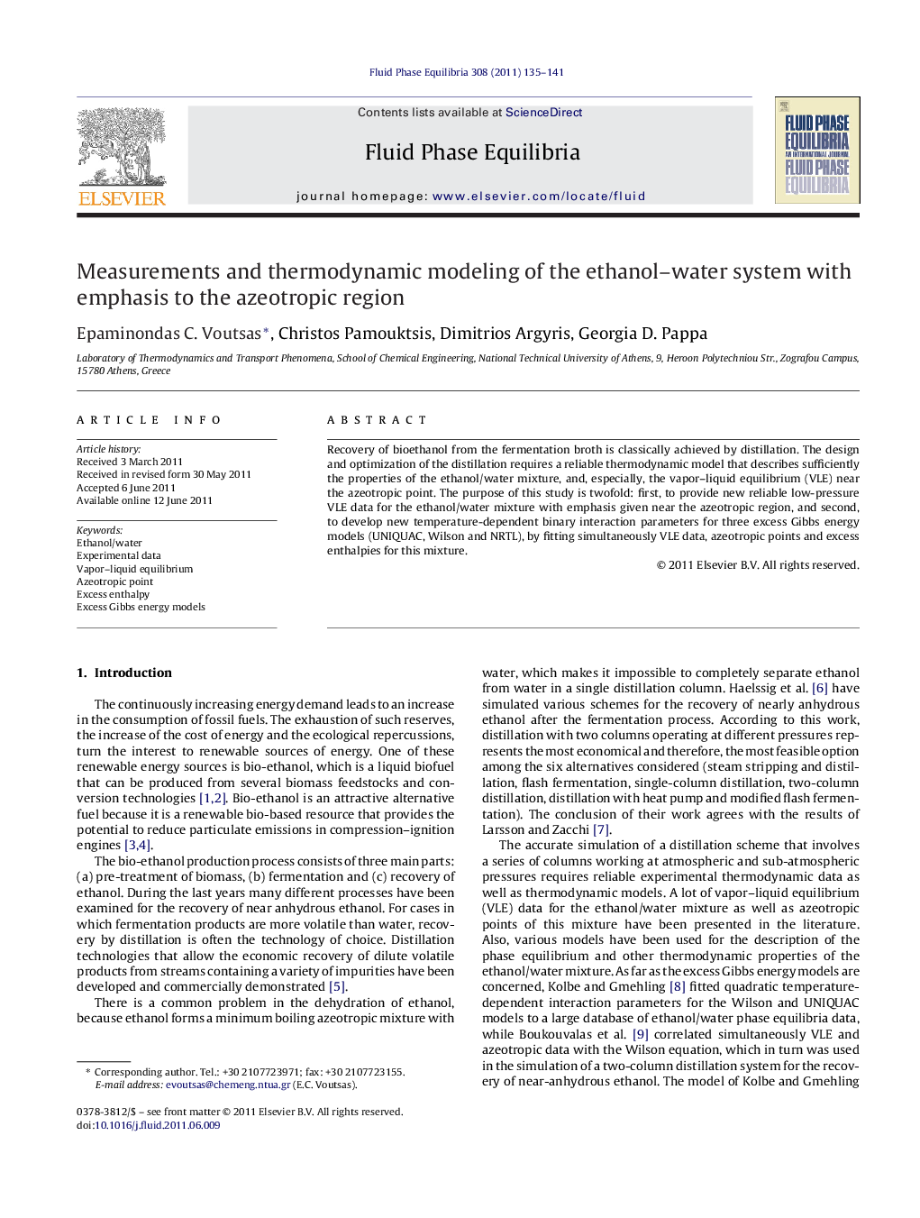 Measurements and thermodynamic modeling of the ethanol–water system with emphasis to the azeotropic region