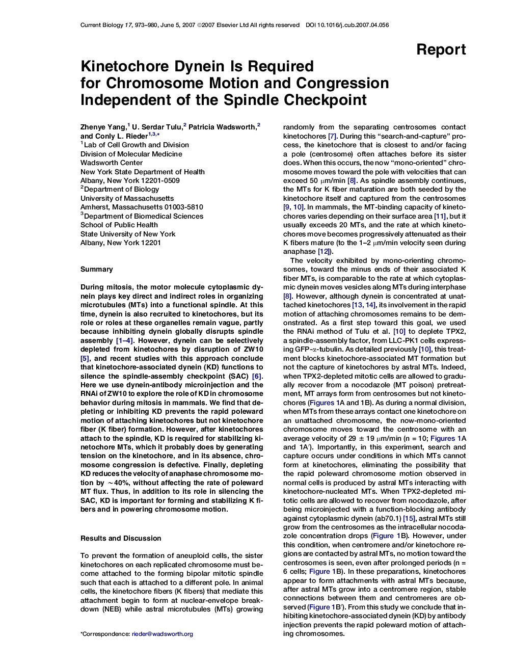 Kinetochore Dynein Is Required for Chromosome Motion and Congression Independent of the Spindle Checkpoint