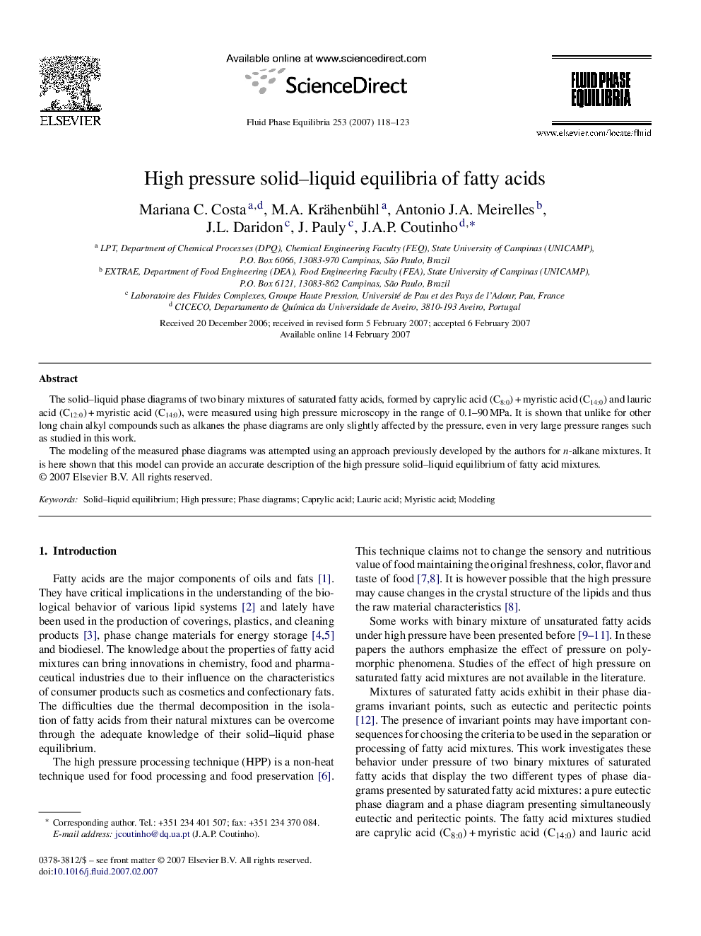 High pressure solid–liquid equilibria of fatty acids