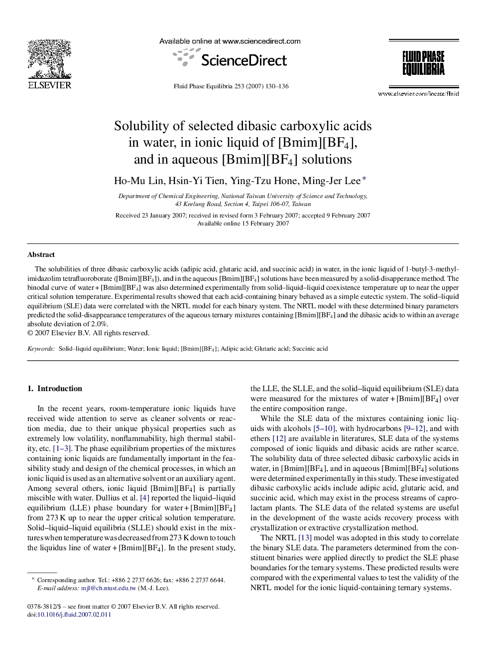 Solubility of selected dibasic carboxylic acids in water, in ionic liquid of [Bmim][BF4], and in aqueous [Bmim][BF4] solutions