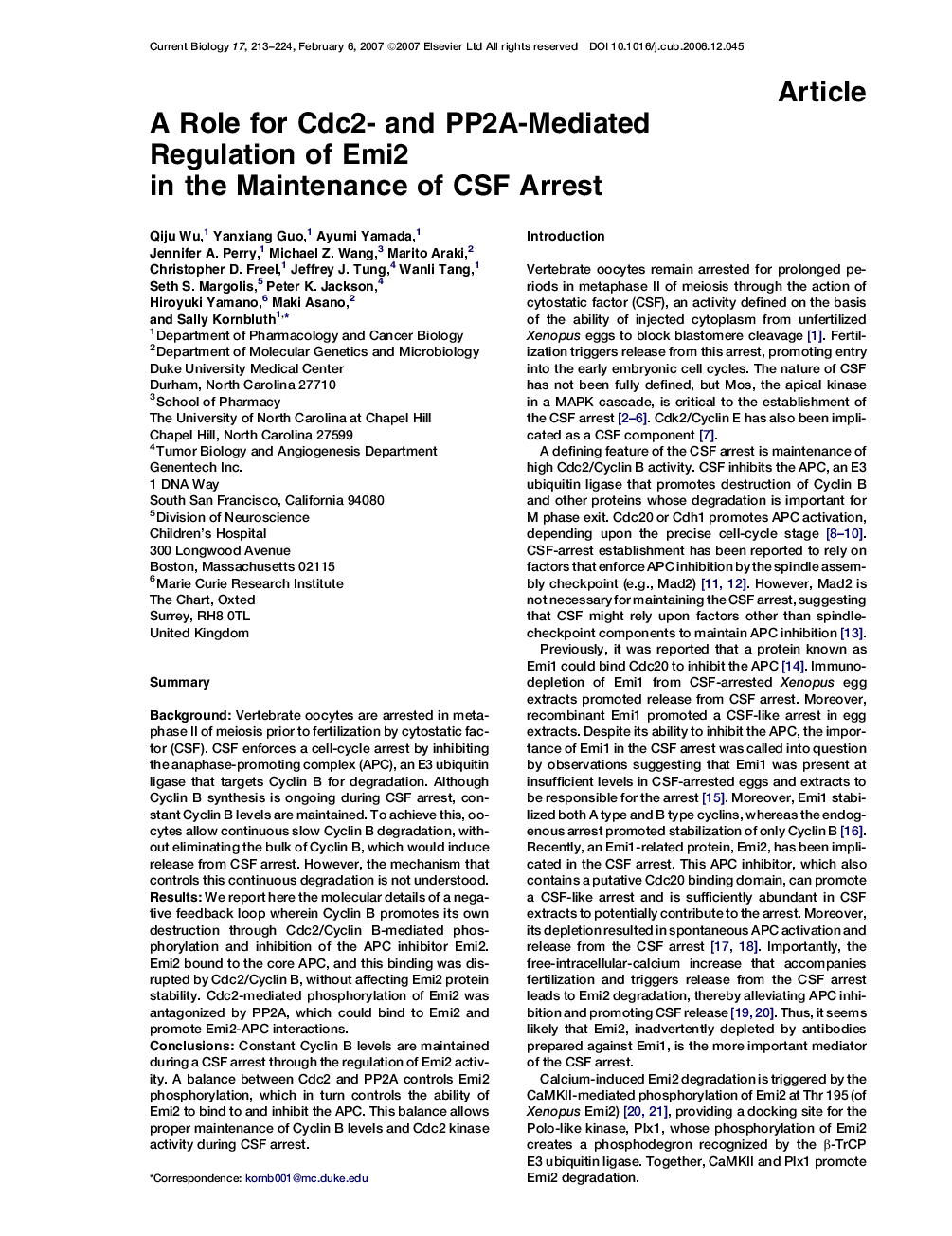 A Role for Cdc2- and PP2A-Mediated Regulation of Emi2 in the Maintenance of CSF Arrest