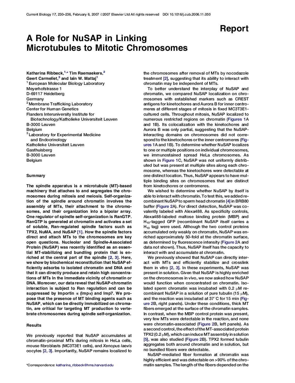 A Role for NuSAP in Linking Microtubules to Mitotic Chromosomes