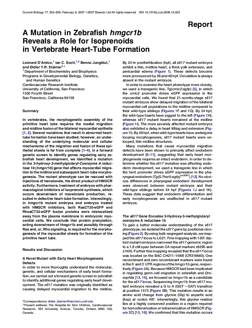 A Mutation in Zebrafish hmgcr1b Reveals a Role for Isoprenoids in Vertebrate Heart-Tube Formation