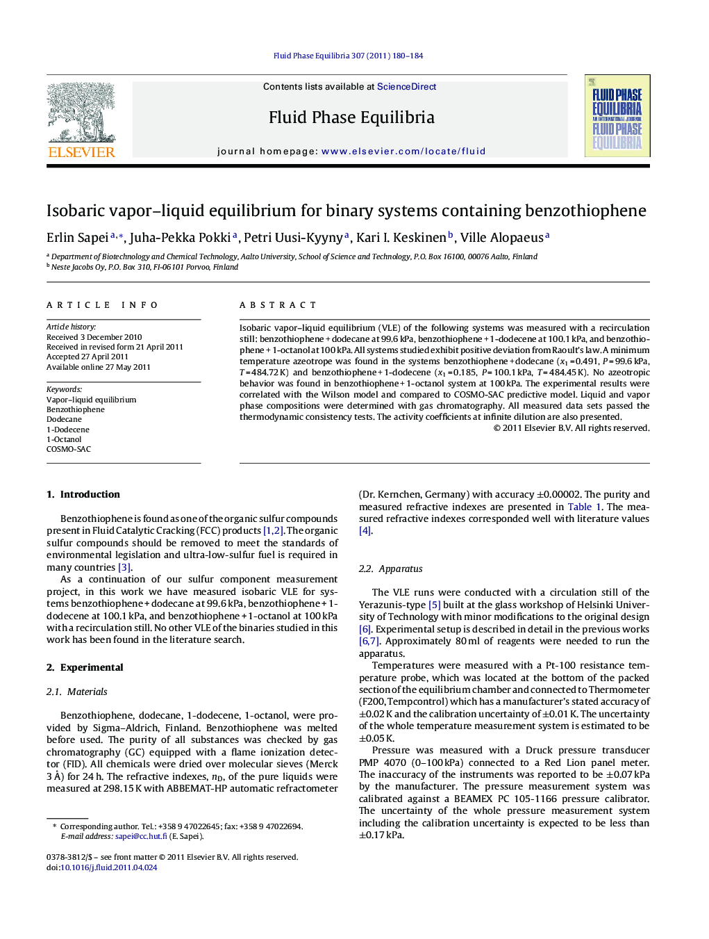 Isobaric vapor–liquid equilibrium for binary systems containing benzothiophene