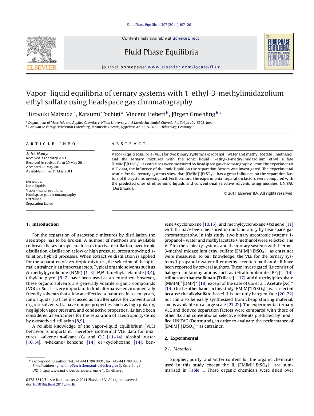 عکس صفحه اول مقاله: Vapor–liquid equilibria of ternary systems with 1-ethyl-3-methylimidazolium ethyl sulfate using headspace gas chromatography Vapor–liquid equilibria of ternary systems with 1-ethyl-3-methylimidazolium ethyl sulfate using headspace gas chromatography