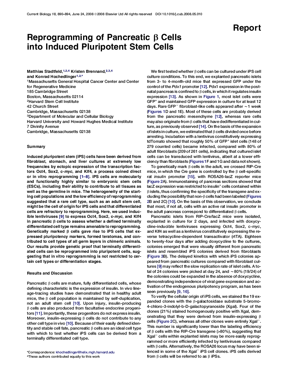 Reprogramming of Pancreatic β Cells into Induced Pluripotent Stem Cells