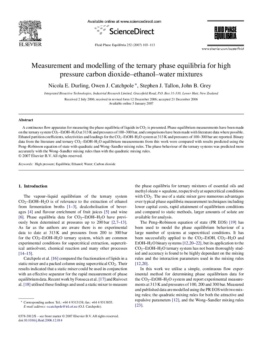 Measurement and modelling of the ternary phase equilibria for high pressure carbon dioxide–ethanol–water mixtures