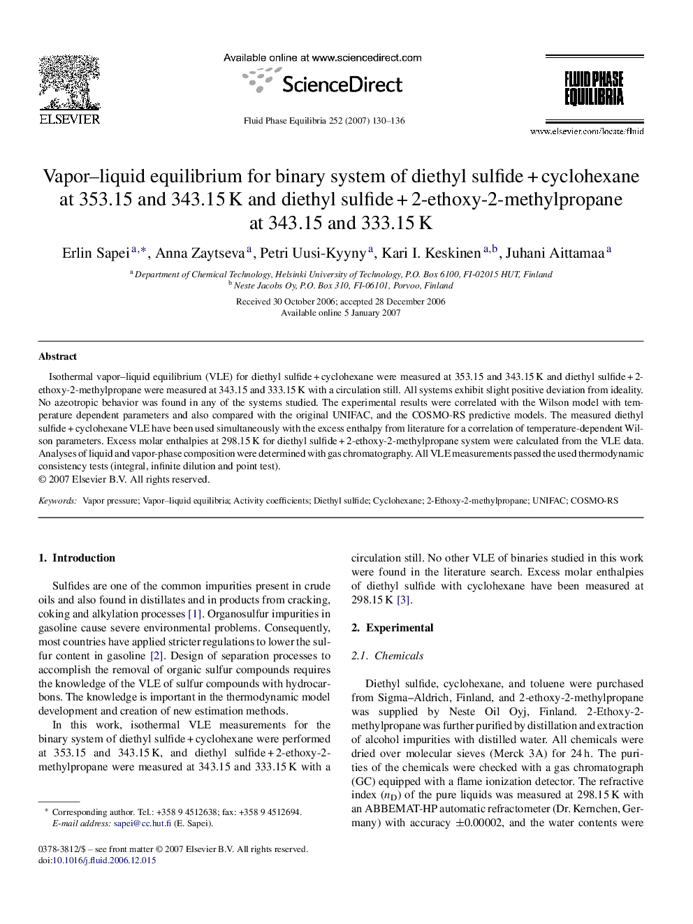 Vapor–liquid equilibrium for binary system of diethyl sulfide + cyclohexane at 353.15 and 343.15 K and diethyl sulfide + 2-ethoxy-2-methylpropane at 343.15 and 333.15 K