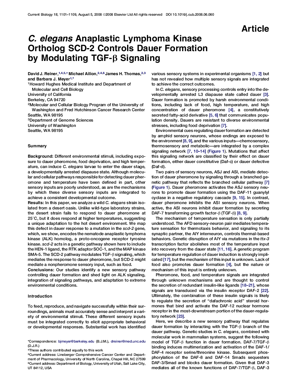 عکس صفحه اول مقاله: C. elegans Anaplastic Lymphoma Kinase Ortholog SCD-2 Controls Dauer Formation by Modulating TGF-β Signaling C. elegans Anaplastic Lymphoma Kinase Ortholog SCD-2 Controls Dauer Formation by Modulating TGF-β Signaling