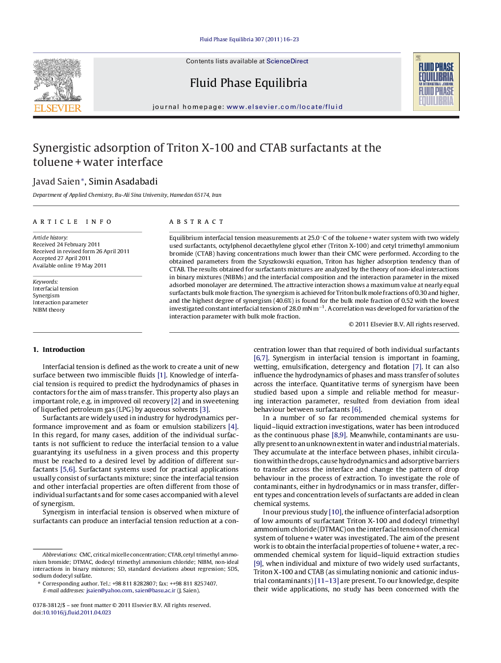 Synergistic adsorption of Triton X-100 and CTAB surfactants at the toluene + water interface