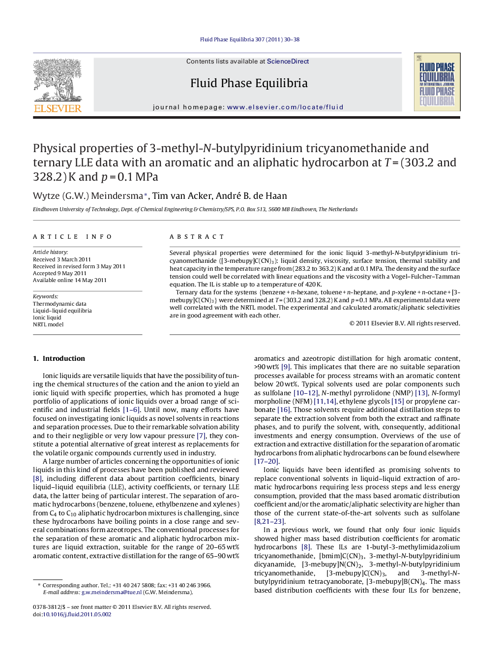 Physical properties of 3-methyl-N-butylpyridinium tricyanomethanide and ternary LLE data with an aromatic and an aliphatic hydrocarbon at T = (303.2 and 328.2) K and p = 0.1 MPa