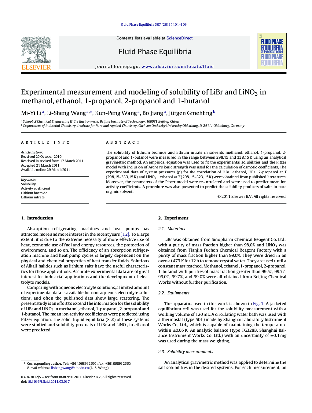 Experimental measurement and modeling of solubility of LiBr and LiNO3 in methanol, ethanol, 1-propanol, 2-propanol and 1-butanol