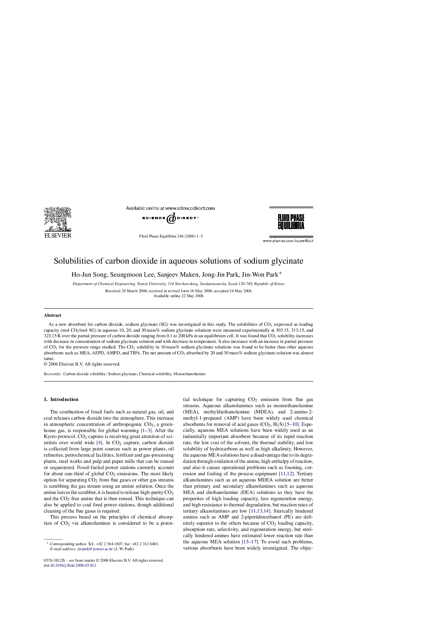 Solubilities of carbon dioxide in aqueous solutions of sodium glycinate