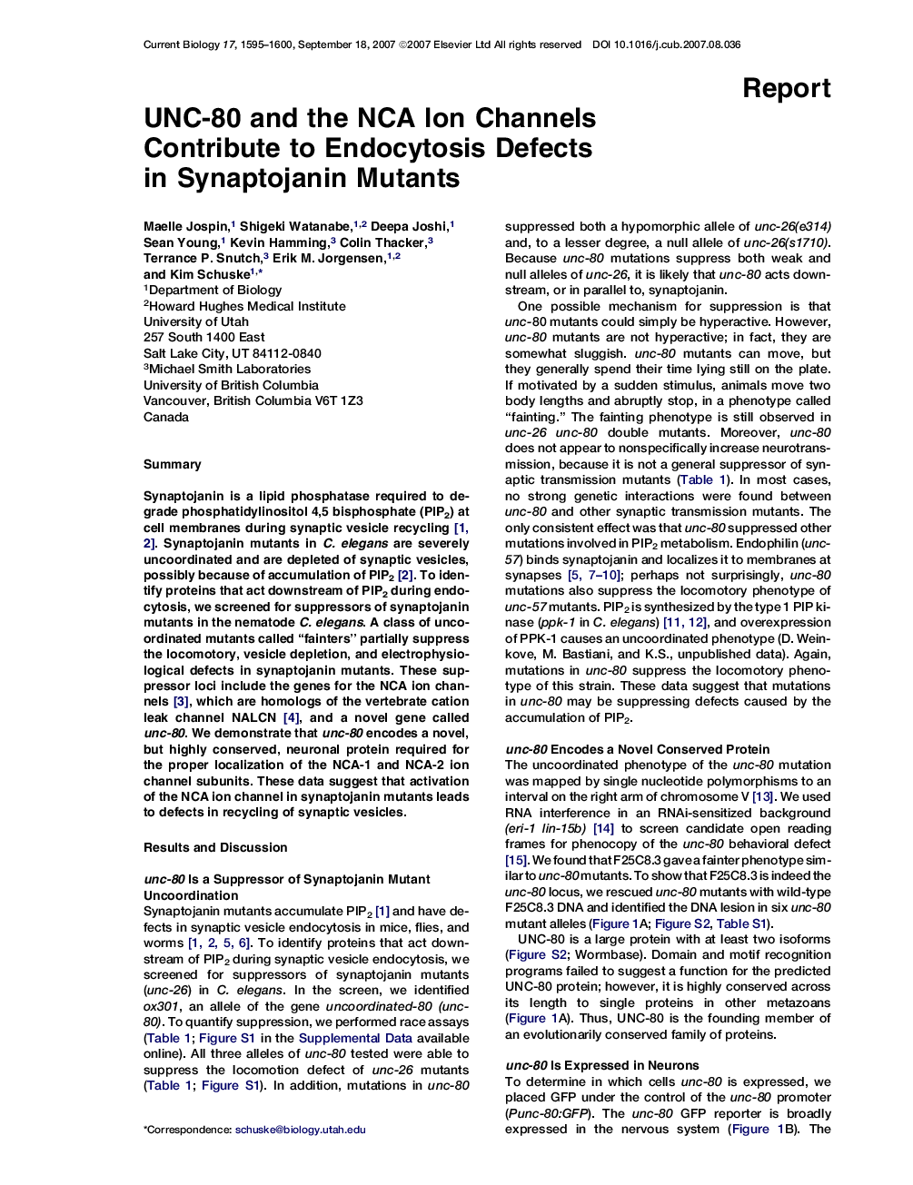 UNC-80 and the NCA Ion Channels Contribute to Endocytosis Defects in Synaptojanin Mutants