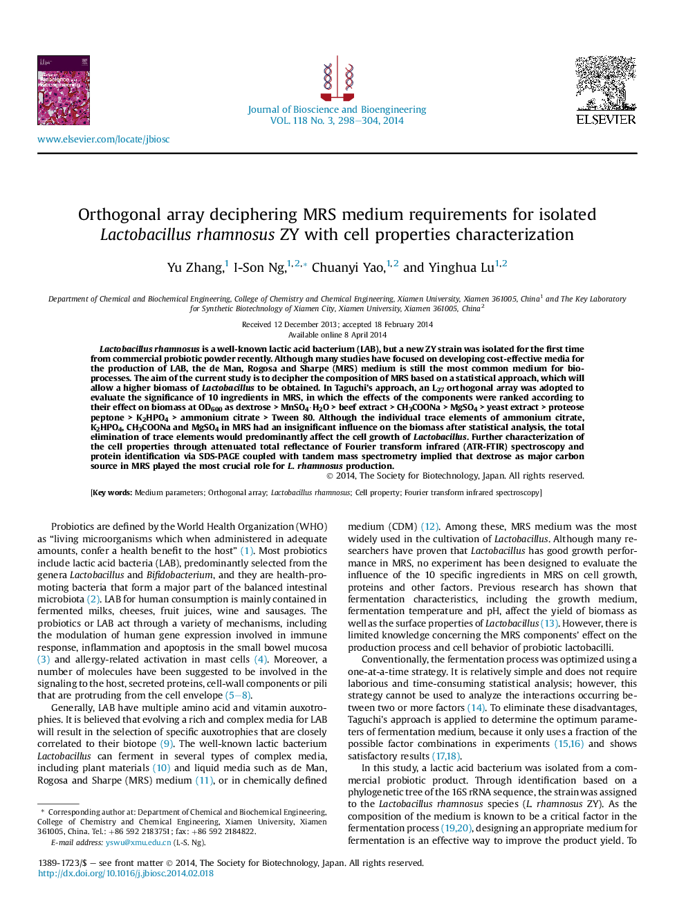 Orthogonal array deciphering MRS medium requirements for isolated Lactobacillus rhamnosus ZY with cell properties characterization