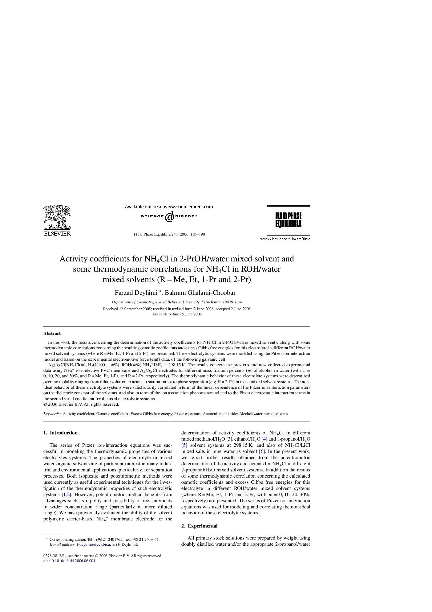 Activity coefficients for NH4Cl in 2-PrOH/water mixed solvent and some thermodynamic correlations for NH4Cl in ROH/water mixed solvents (R = Me, Et, 1-Pr and 2-Pr)