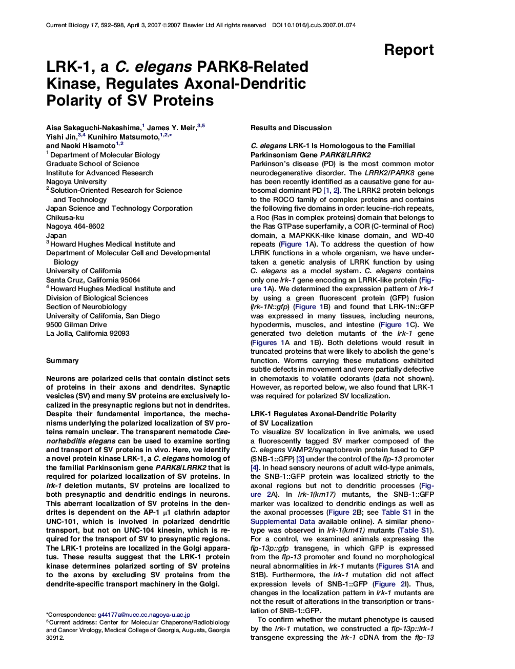 LRK-1, a C. elegans PARK8-Related Kinase, Regulates Axonal-Dendritic Polarity of SV Proteins