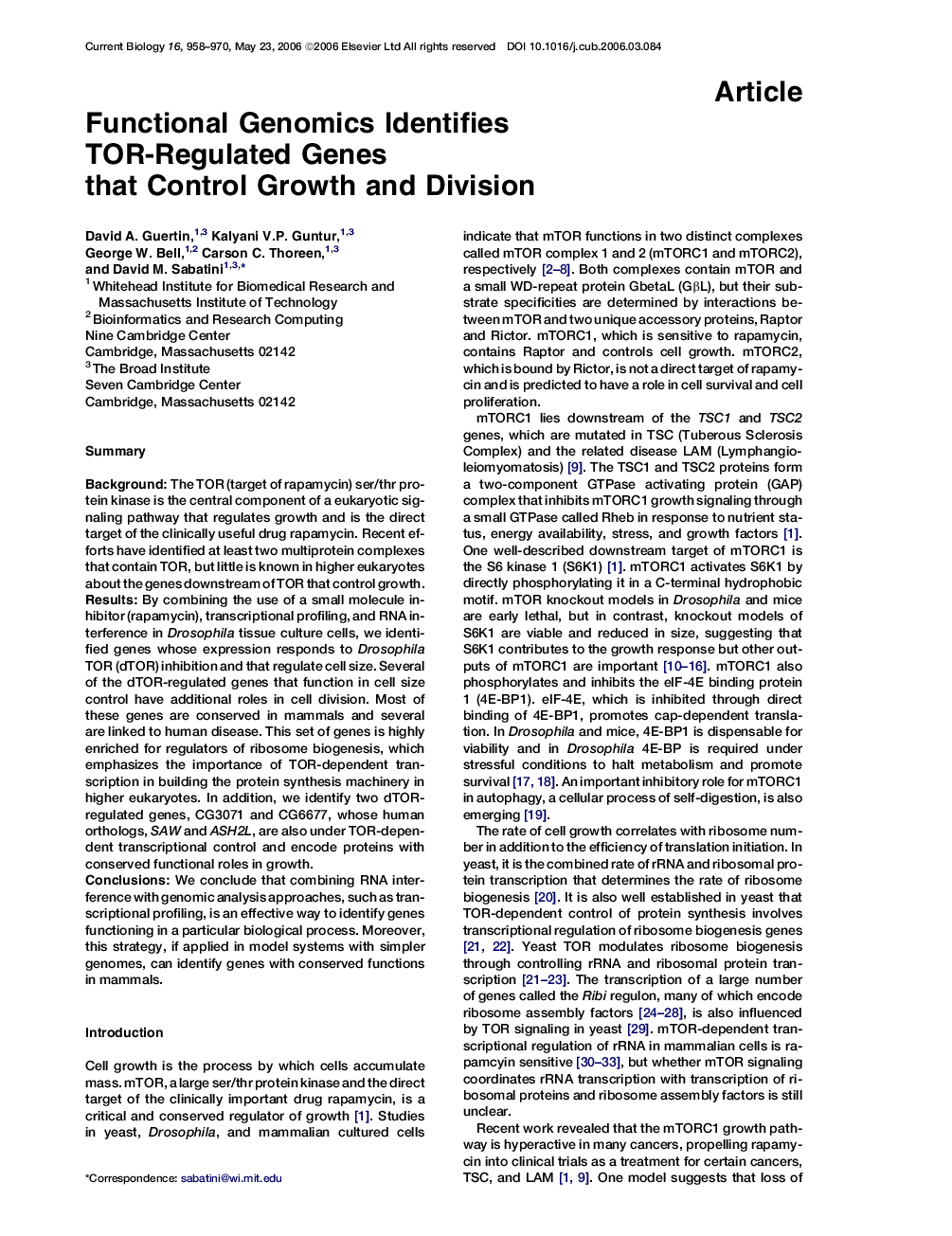 Functional Genomics Identifies TOR-Regulated Genes that Control Growth and Division