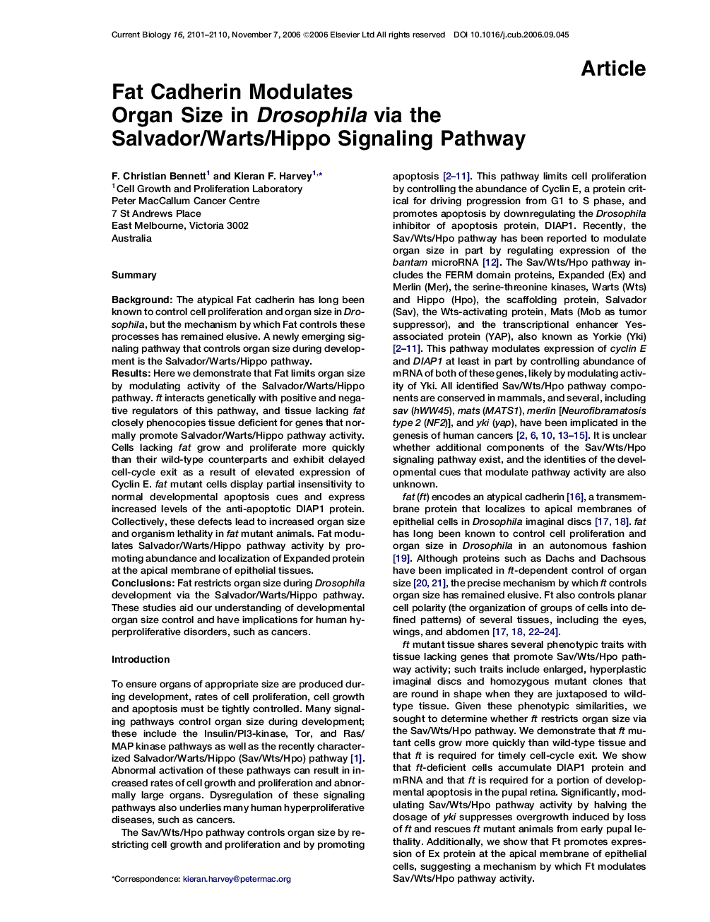 Fat Cadherin Modulates Organ Size in Drosophila via the Salvador/Warts/Hippo Signaling Pathway