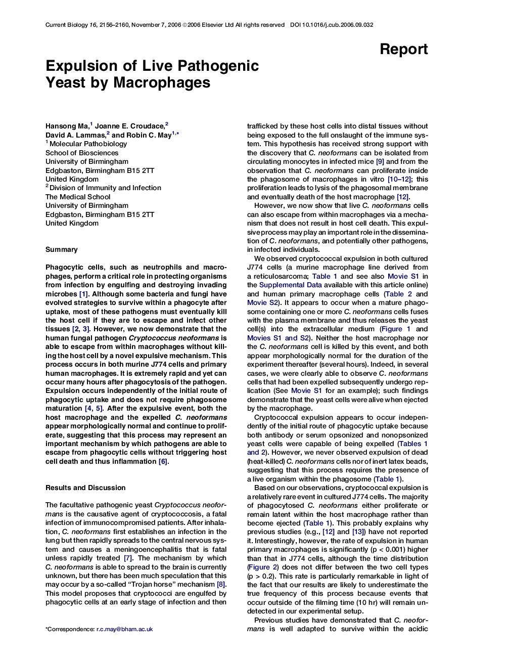 Expulsion of Live Pathogenic Yeast by Macrophages