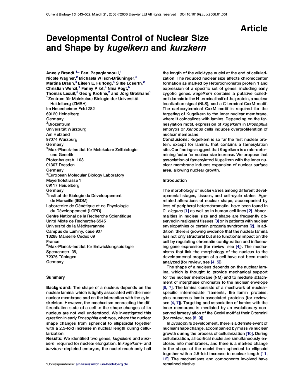 Developmental Control of Nuclear Size and Shape by kugelkern and kurzkern