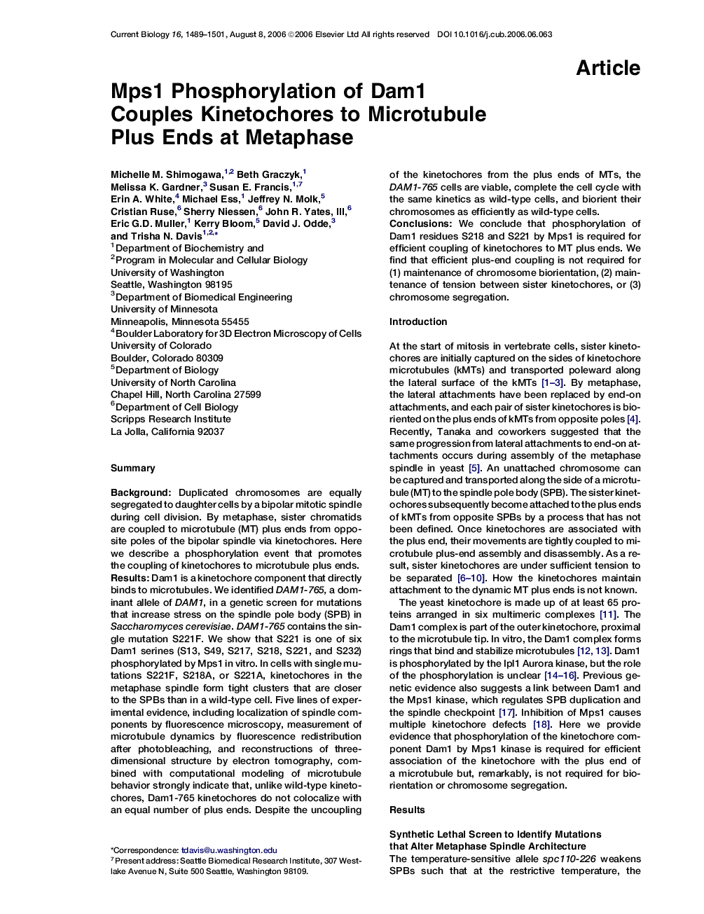 Mps1 Phosphorylation of Dam1 Couples Kinetochores to Microtubule Plus Ends at Metaphase