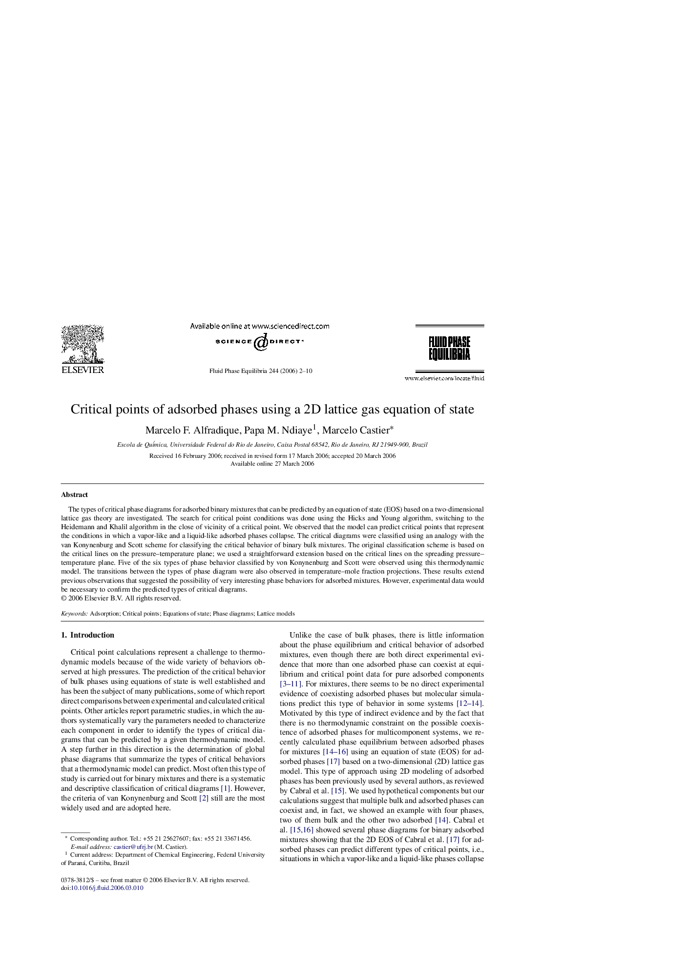 Critical points of adsorbed phases using a 2D lattice gas equation of state