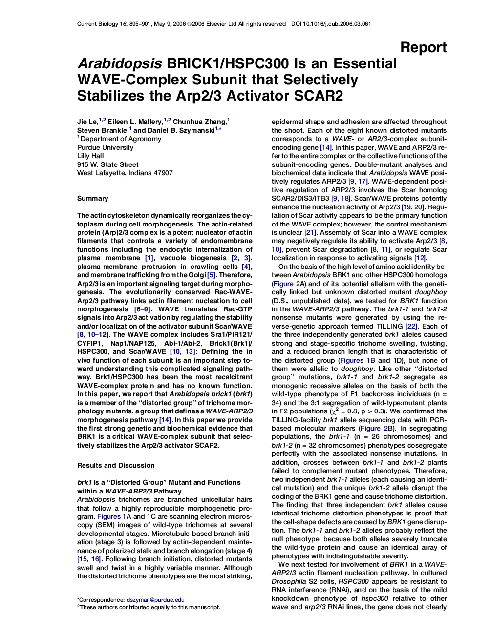 Arabidopsis BRICK1/HSPC300 Is an Essential WAVE-Complex Subunit that Selectively Stabilizes the Arp2/3 Activator SCAR2