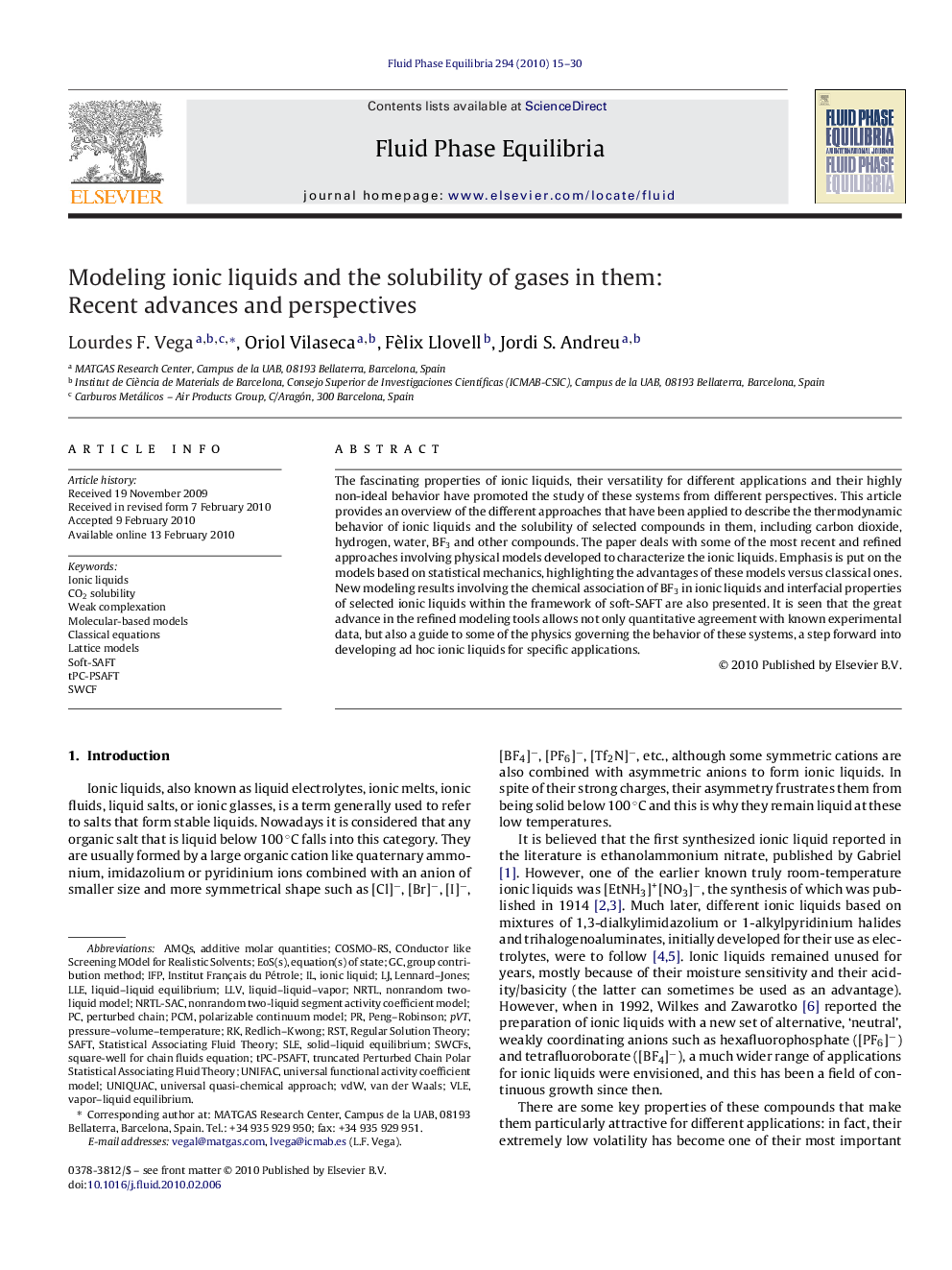 عکس صفحه اول مقاله: Modeling ionic liquids and the solubility of gases in them: Recent advances and perspectives Modeling ionic liquids and the solubility of gases in them: Recent advances and perspectives