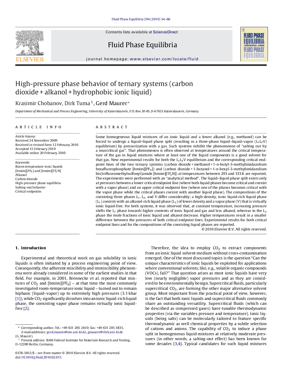 High-pressure phase behavior of ternary systems (carbon dioxide + alkanol + hydrophobic ionic liquid)