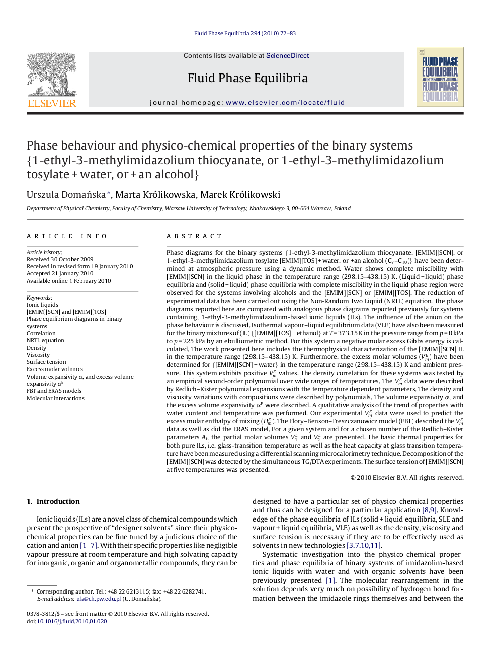 Phase behaviour and physico-chemical properties of the binary systems {1-ethyl-3-methylimidazolium thiocyanate, or 1-ethyl-3-methylimidazolium tosylate + water, or + an alcohol}