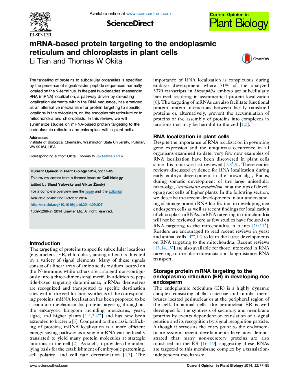mRNA-based protein targeting to the endoplasmic reticulum and chloroplasts in plant cells