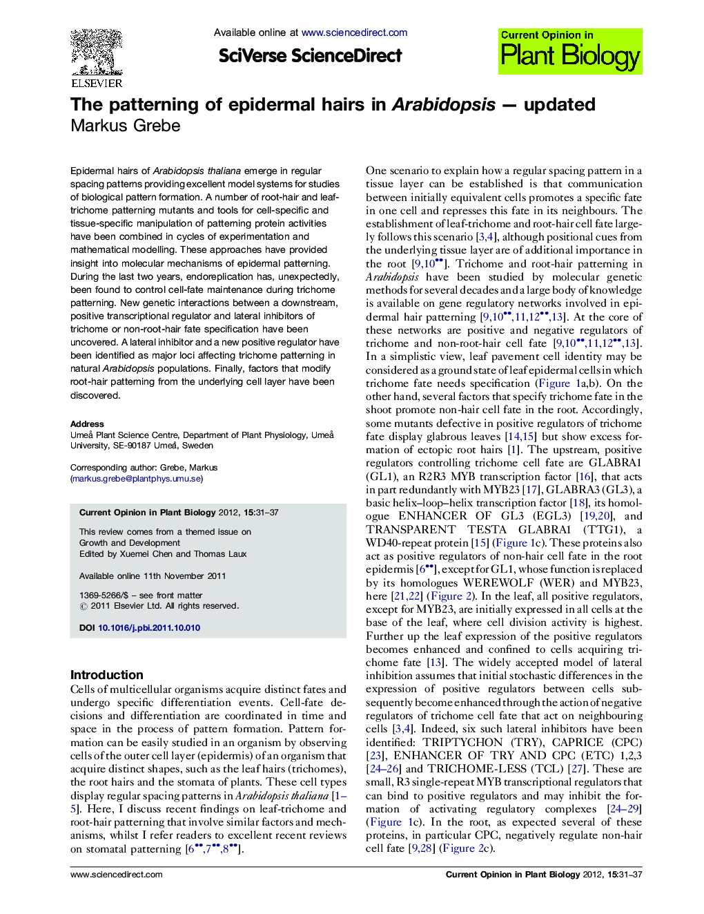The patterning of epidermal hairs in Arabidopsis — updated