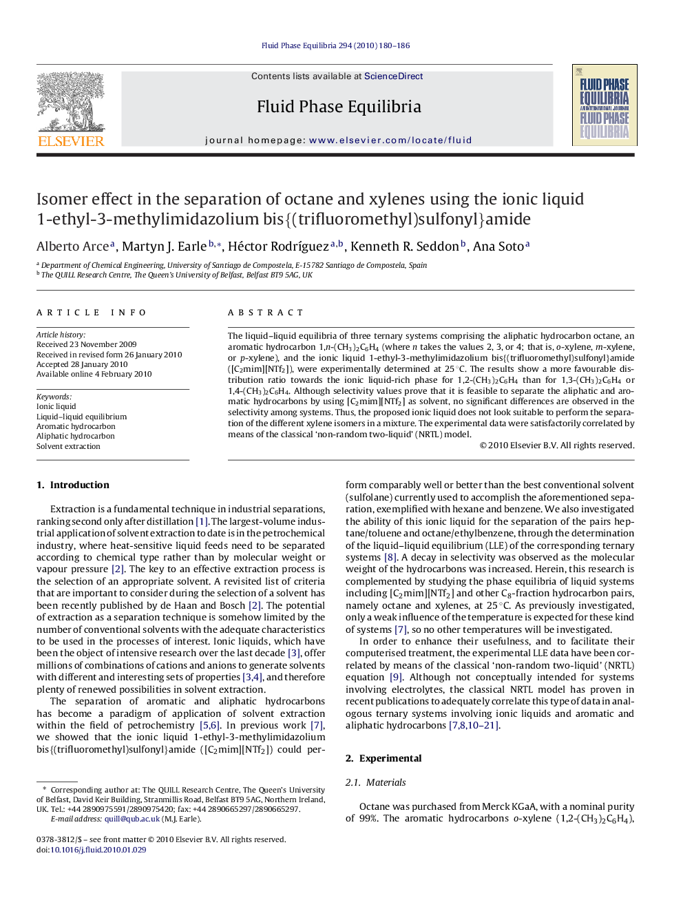 Isomer effect in the separation of octane and xylenes using the ionic liquid 1-ethyl-3-methylimidazolium bis{(trifluoromethyl)sulfonyl}amide