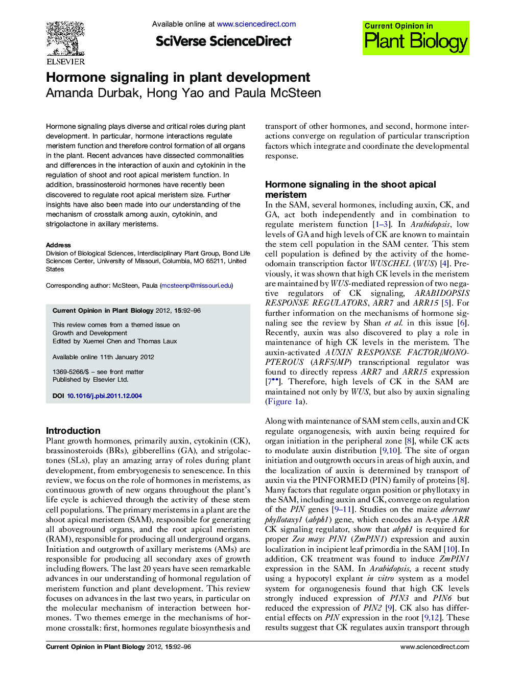 Hormone signaling in plant development