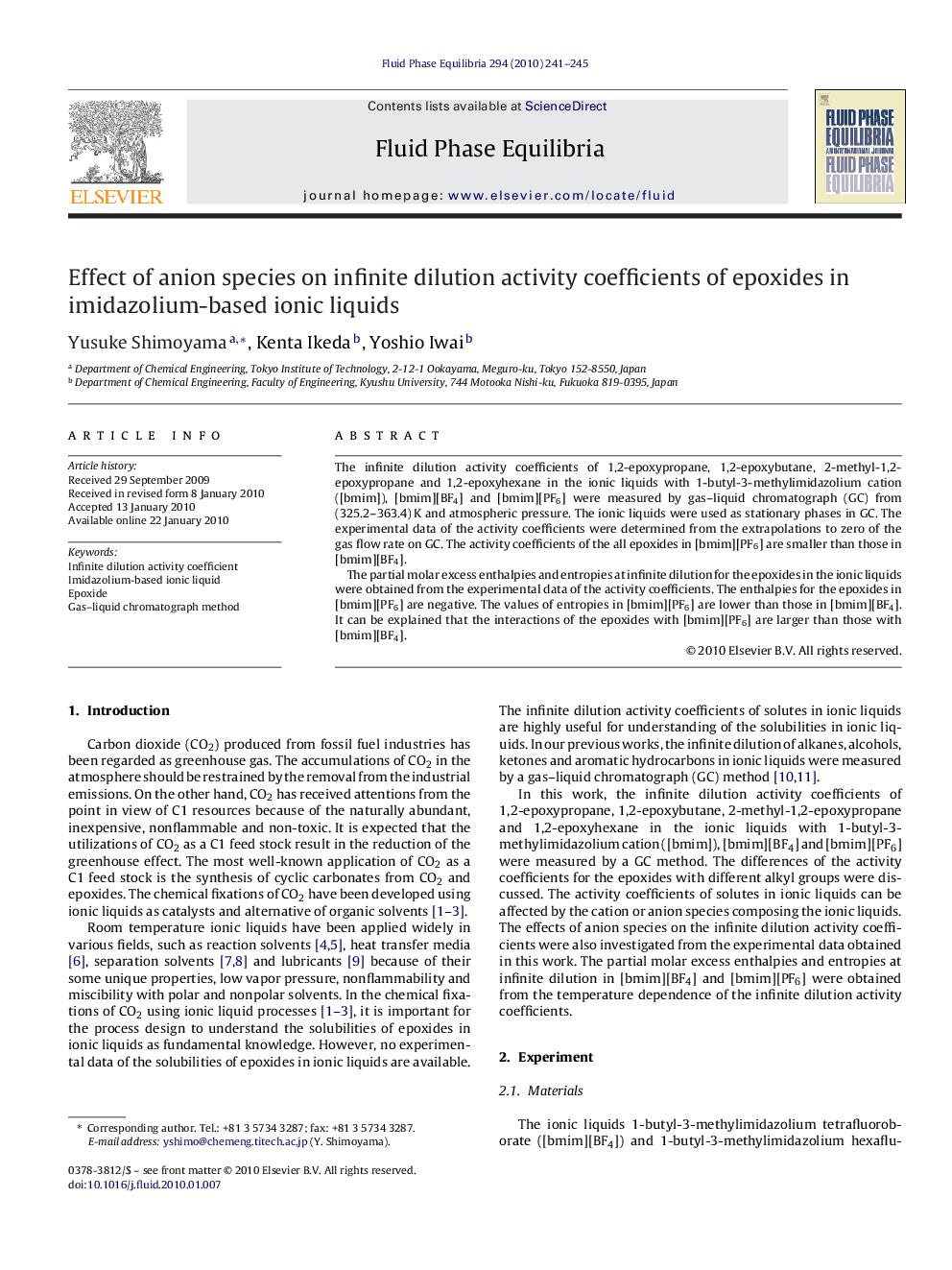 Effect of anion species on infinite dilution activity coefficients of epoxides in imidazolium-based ionic liquids