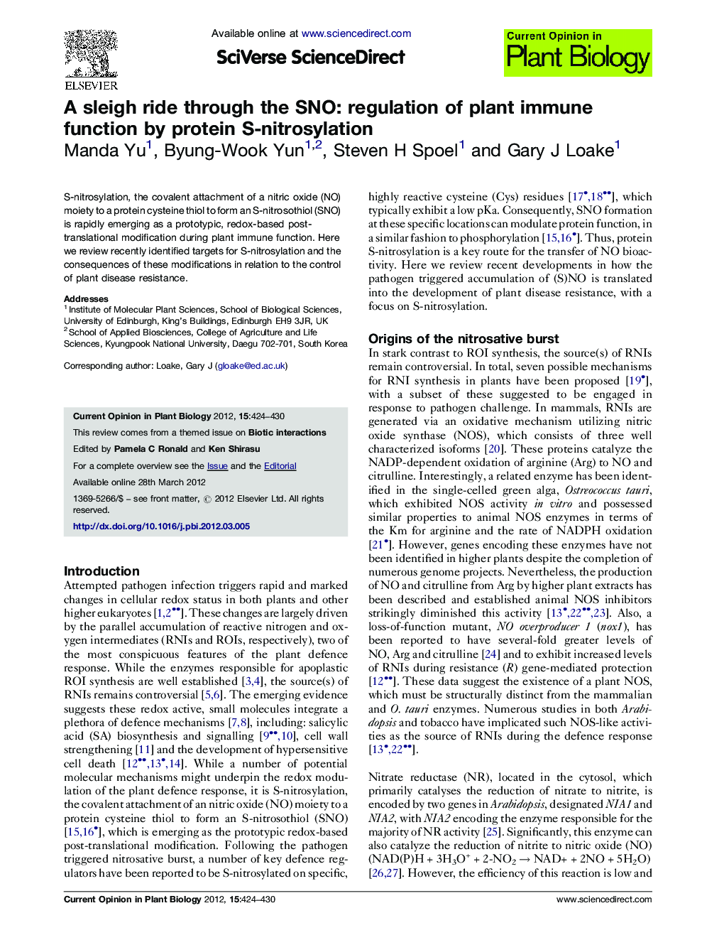 A sleigh ride through the SNO: regulation of plant immune function by protein S-nitrosylation