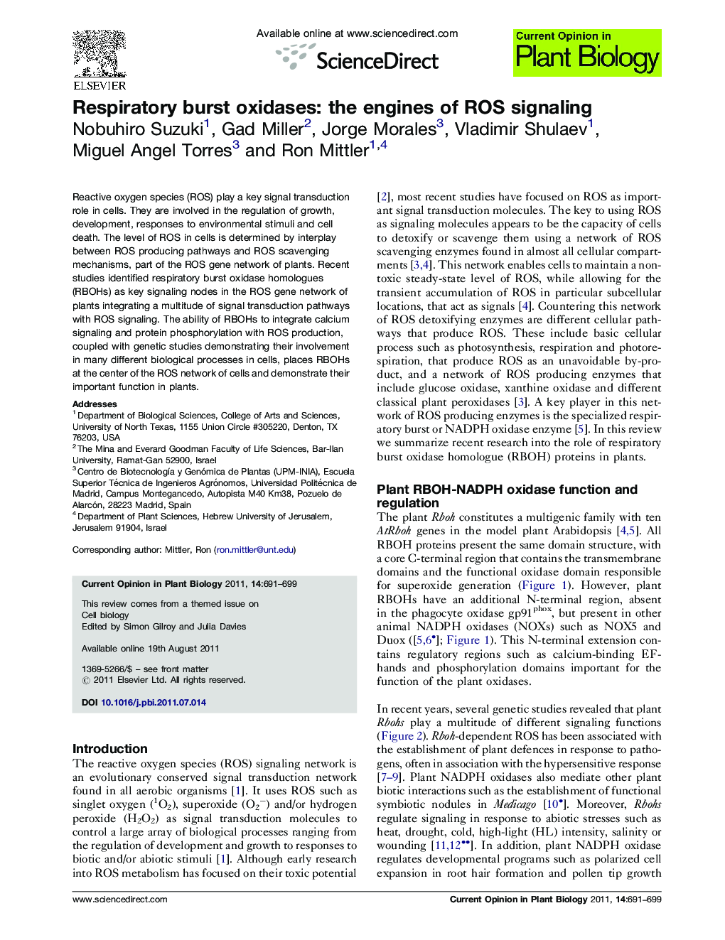 Respiratory burst oxidases: the engines of ROS signaling