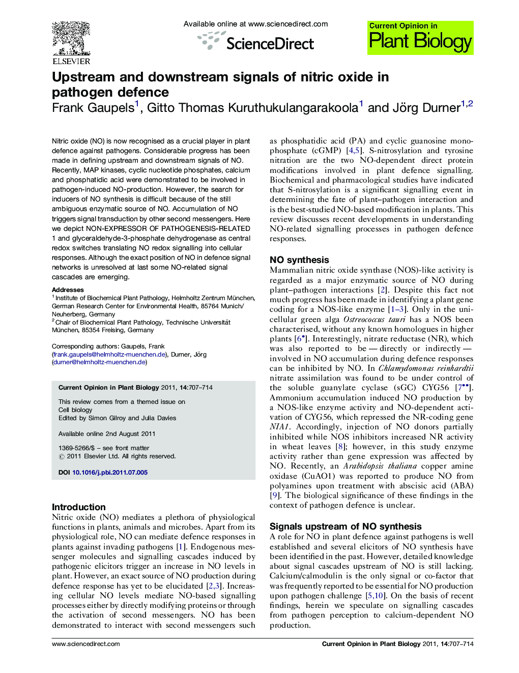 Upstream and downstream signals of nitric oxide in pathogen defence