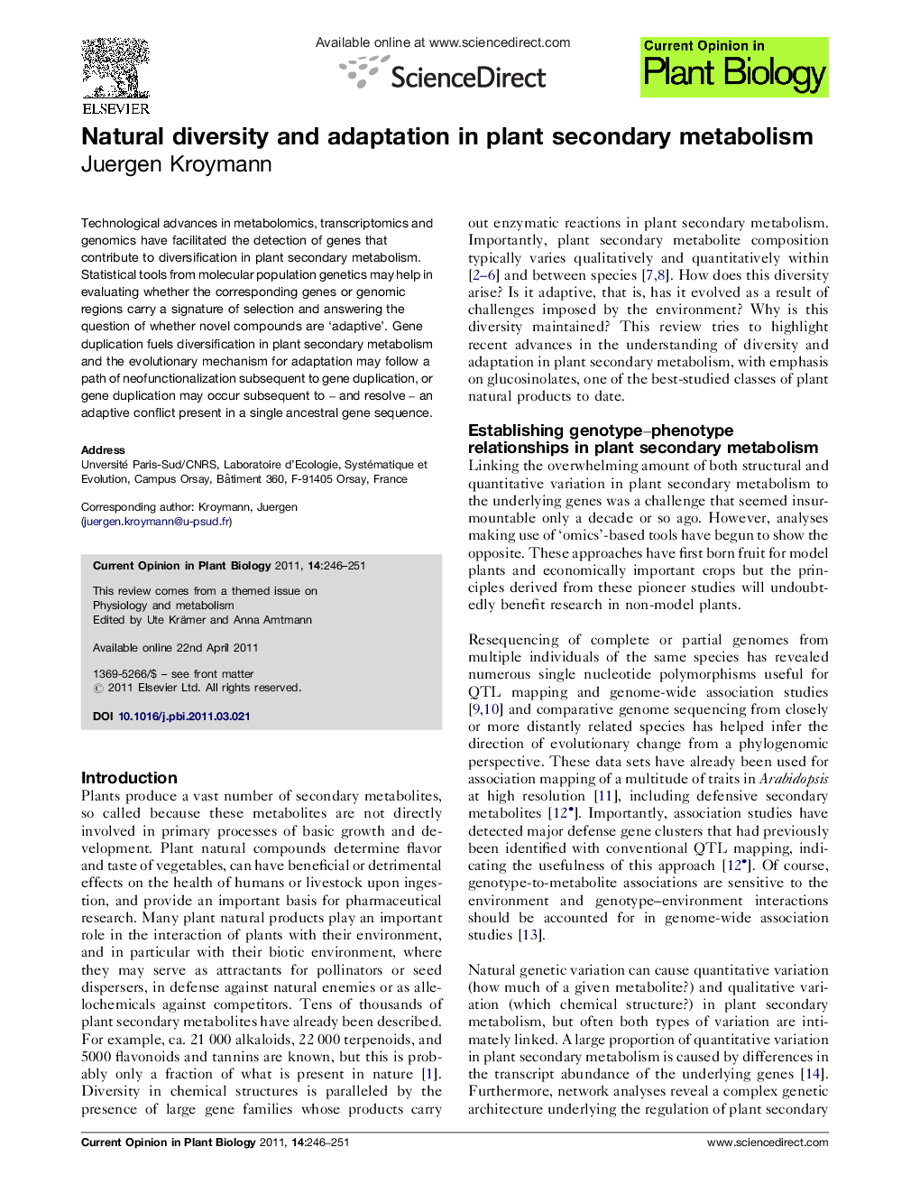Natural diversity and adaptation in plant secondary metabolism