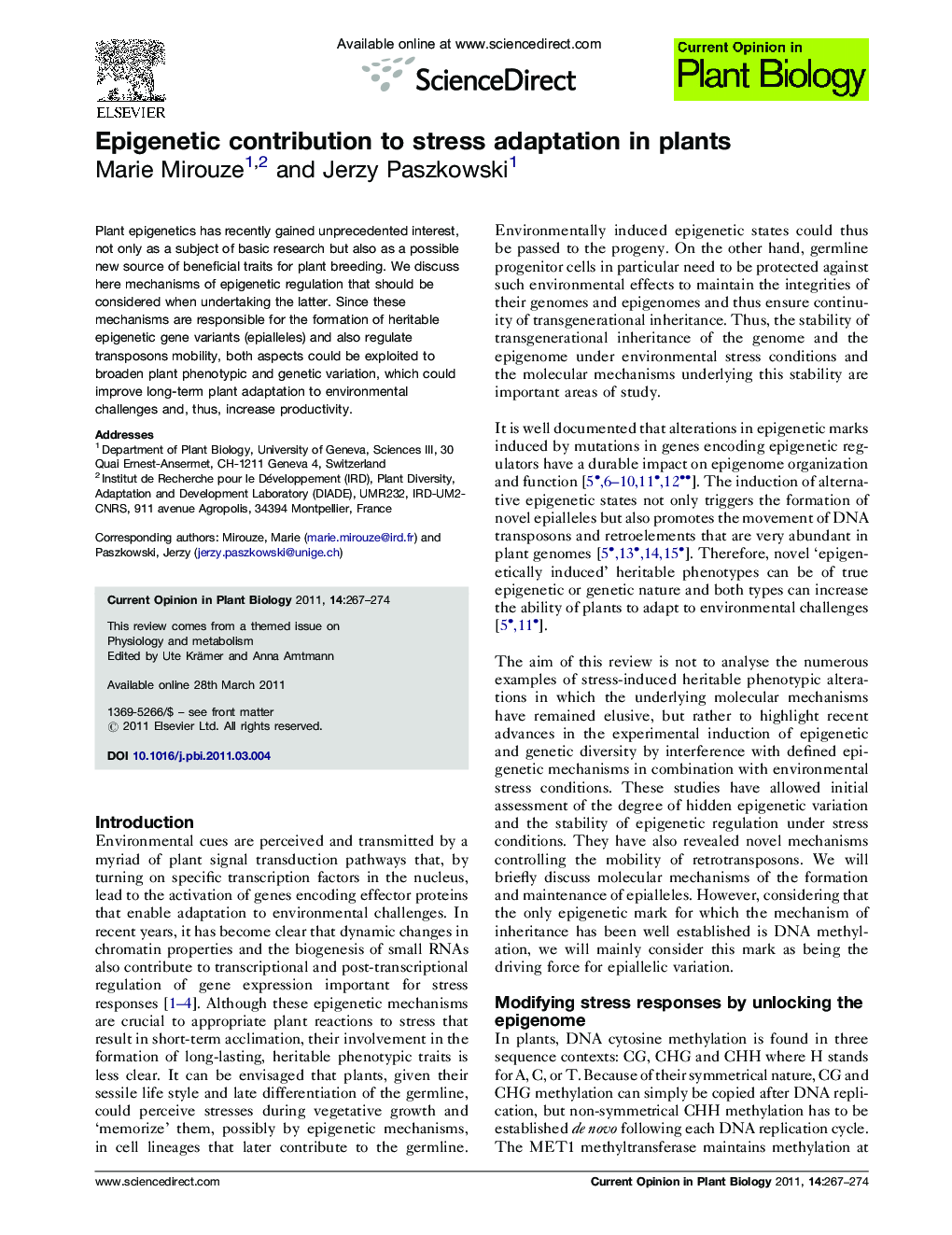 Epigenetic contribution to stress adaptation in plants