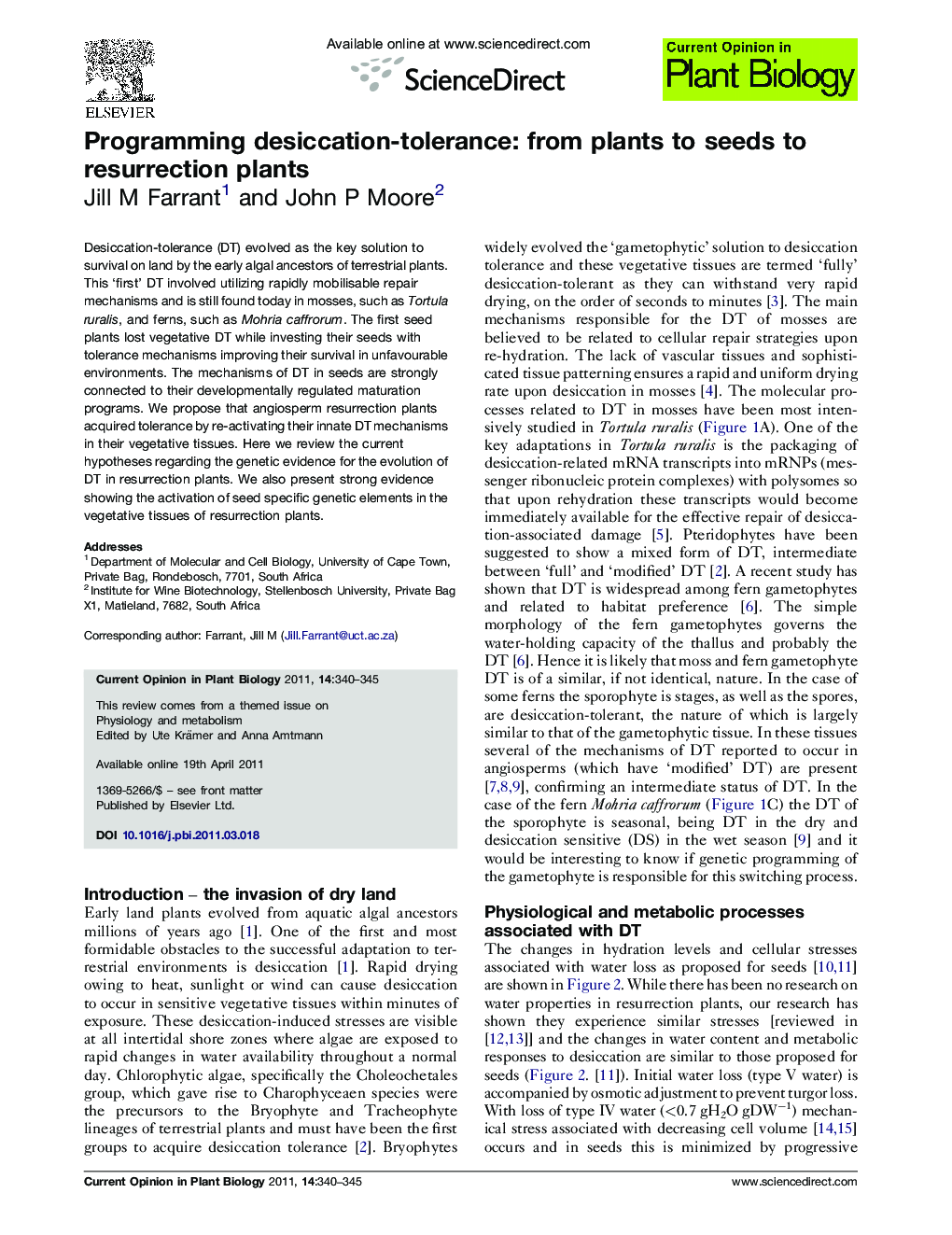 Programming desiccation-tolerance: from plants to seeds to resurrection plants