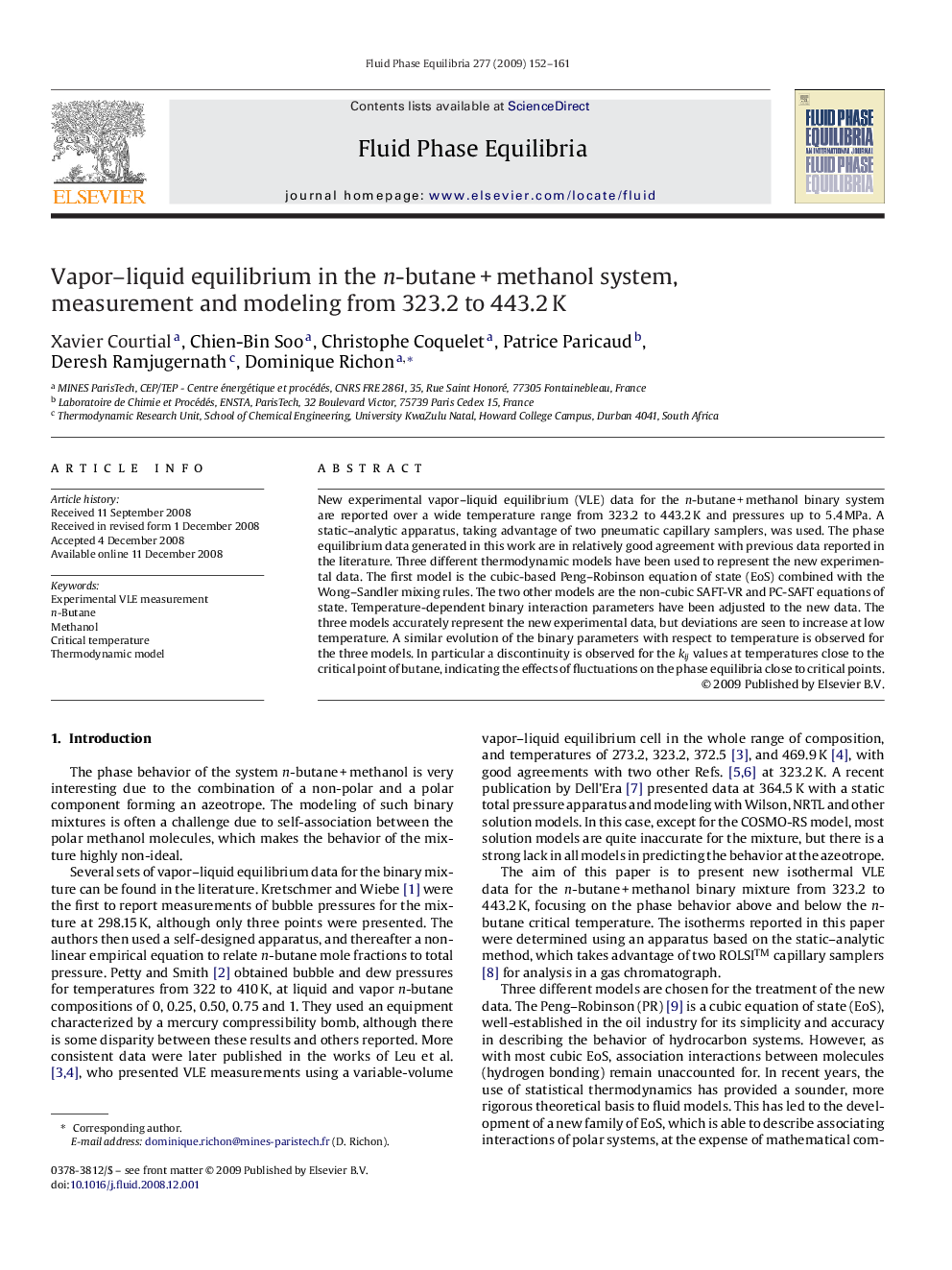 Vapor–liquid equilibrium in the n-butane + methanol system, measurement and modeling from 323.2 to 443.2 K